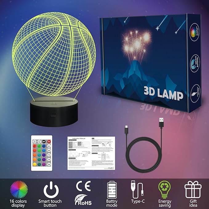 FULLOSUN Basketball 3D Night Light Birthday Gift, Light Up Basketball 3D Illusion Lamp with Remote Control 16 Colors, Mothers Father Gifts Changing Sport Fan Room Decoration Boy Girl
