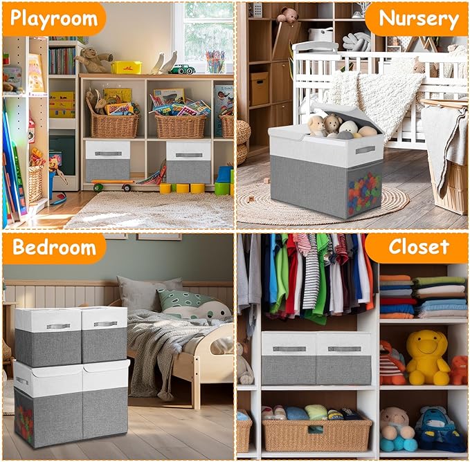3 Pack Large Storage Bins Set 23" Toy Chest Storage with Lids and 11" Cubes Organizer Bins for Kids Bedroom Closet Shelf Organizer for Clothes Blankets Nursery Playroom(Grey White)