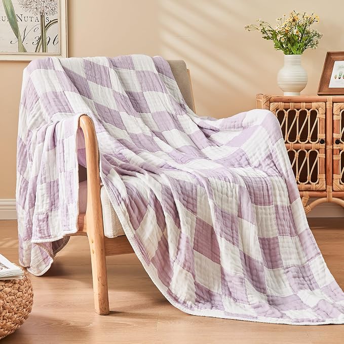 EMME Cooling Muslin Blanket for Adults - Checkered Lightweight Summer Cotton Throw Blankets of Rayon Derived from Bamboo for Hot Sleepers, Ultra Soft Breathable Gauze