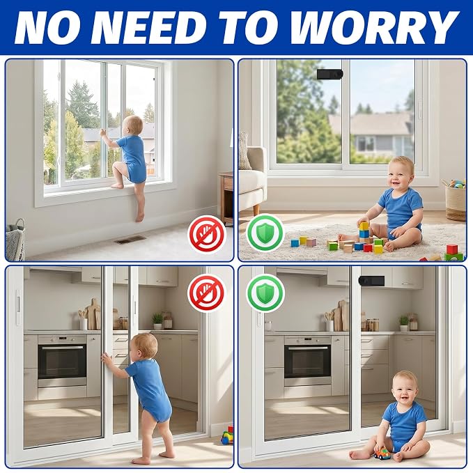 Sliding Door Lock 4 Pack –Black Child Safety Sliding Glass Door Lock, No-Drill Adhesive Lock for Windows, Closets & Patio Doors, Baby Proof Stopper for Home Security