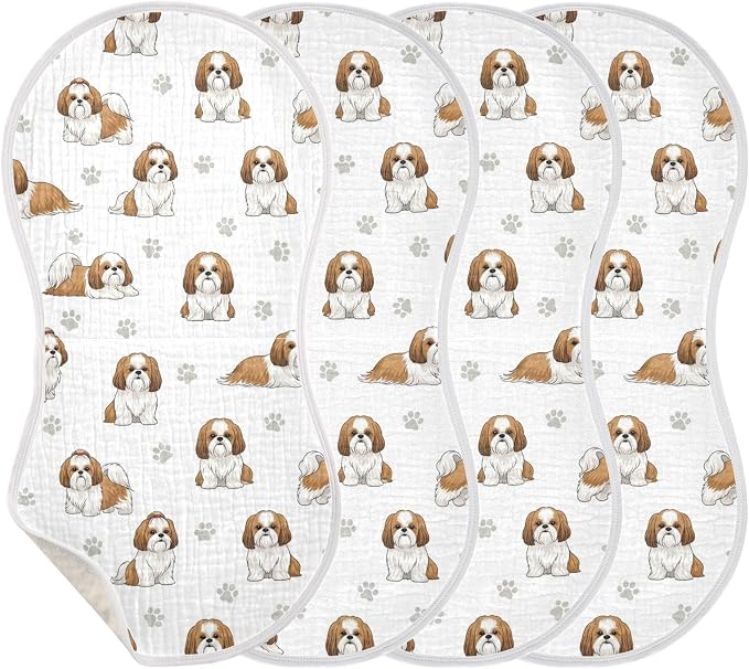 4 Pack Muslin Burp Cloths Shih Tzu Dogs White Cotton Baby Burp Cloths Absorbent Soft Burping Cloth Washcloths for Newborn Boys Girls 22x11 Inch