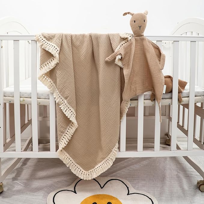 Cotton Muslin Baby Blanket with Tassel,Bunny Lovey Security Blanket,Soft Breathable Nursery Decor,Nursing Cover for Newborn Infant Toddler 47"x47"(Beige)