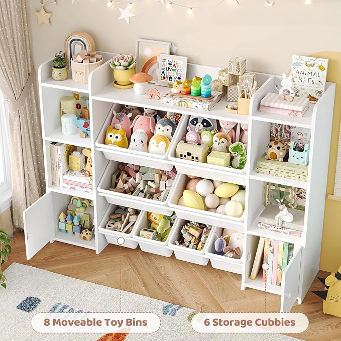 FOTOSOK Toy Storage Organizer with 8 Toy Bins, Toy Organizer Kids Bookshelf with 6 Storage Cubbies, Stuffed Animal Storage Organizer, Playroom Storage and Toy Chest, White