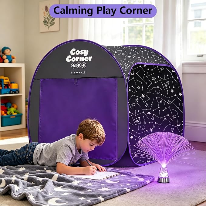 Sensory Tent for Kids Blackout Pop Up Play Tent for Relax & Claming Down, Clam Corner with Fiber Optic Lamp & Glow in The Dark Blanket for Children Ages 3 Years & up