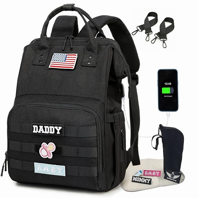 Diaper Bag Backpack for Dad and Mom with USB Charging Port Stroller Straps and Insulated Pocket,army military Travel Nappy Backpack for Daddy/Mommy (Black)