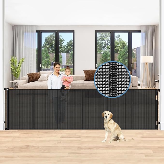 Reinforced 150 Inch Retractable Baby Gates Extra Wide Dog Gate with Support Rods, Upgrade Extra Long Baby Gate for Doorways 12 Ft Extra Large Pet Gate Indoor Outdoor Mesh Dog Gate for The House, Black