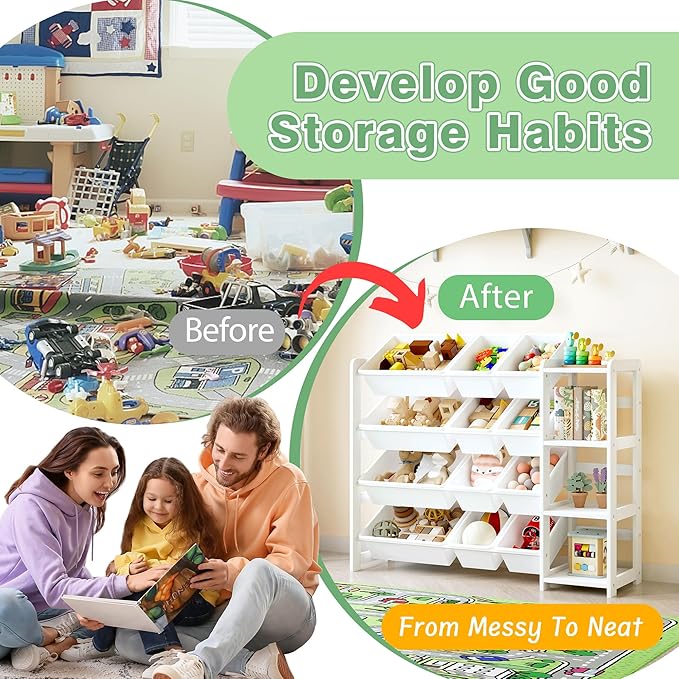 MallBest Kids Toy Storage Organizer with Bookshelf – Wooden Toy Bin Organizer with 12 Storage Bins & 3-Tier Shelf, Toy Shelf for Toddlers, Nursery, Playroom, Bedroom（White）