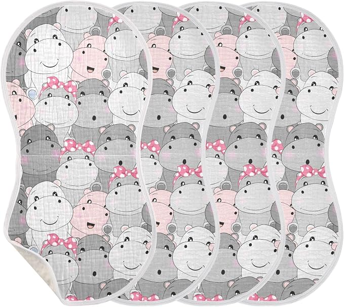 Muslin Burp Cloths for Baby Boys and Girls - 2-Pack Ultra Absorbent Cartoon Hippo Muslin Washcloths, Newborn Towel, Milk Spit Up Rags, Burp Cloth Bibs for Unisex, 22 x 11 Inch