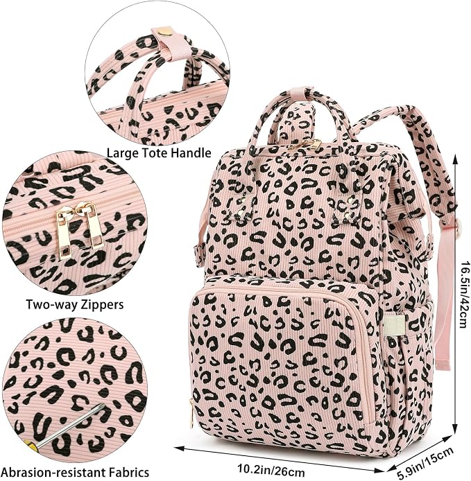 Corduroy Diaper Bag Backpack for Baby Girls Boys, Women Large Nappy Bags for Mom (Pink Corduroy Leopard)