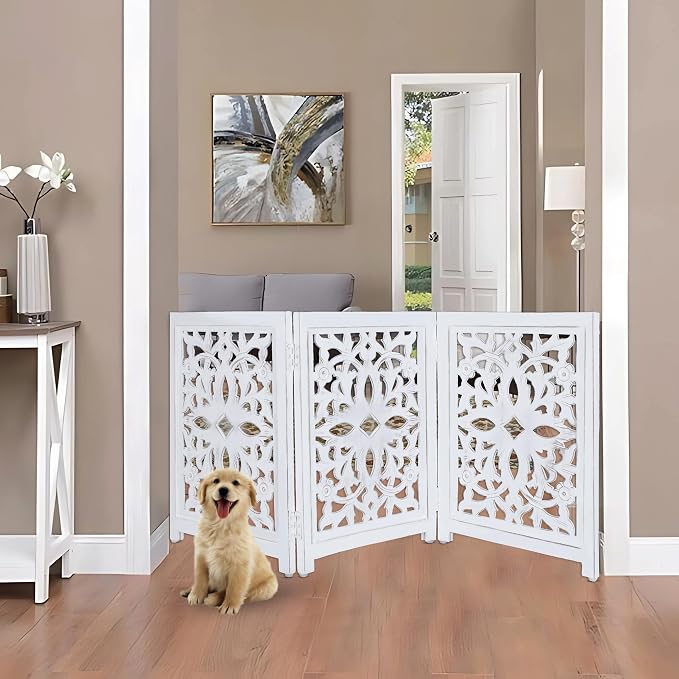 Lightnpro Foldable Carved Wooden Dog Gate - Freestanding 3-Panel Pet Barrier for Dogs - Decorative Walk-Over Fence for Stairs, Doorways & Hallways - Portable & Adjustable - Antique White (24x18 Inch)