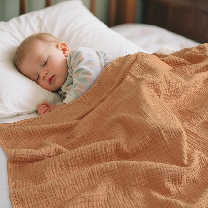 PHF Baby Muslin Swaddle Blanket, 100% Cotton Soft Breathable Receiving Blankets for Boys and Girls, 4-Layer Swaddle Wrap Burping Clothes, Baby Essentials, Large 47 x 47 inches, Caramel