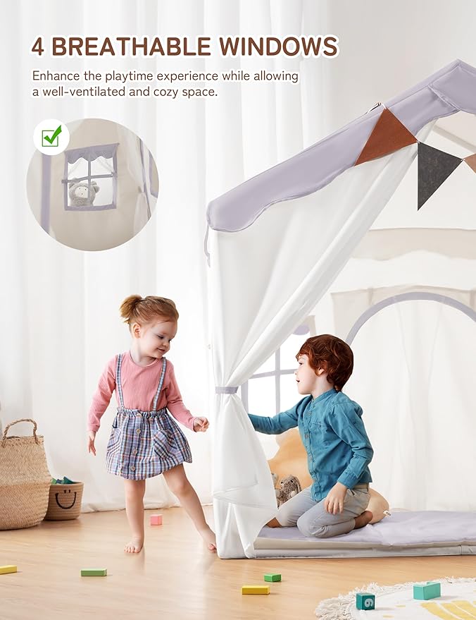 Besrey Kids Play Tent 2 in 1 with Padded Mat and Lights, Large Kids Playhouse with 2 Doors & 4 Windows, Indoor & Outdoor, Christmas Toddler Tent, 51" x35" x 51" (Purple)