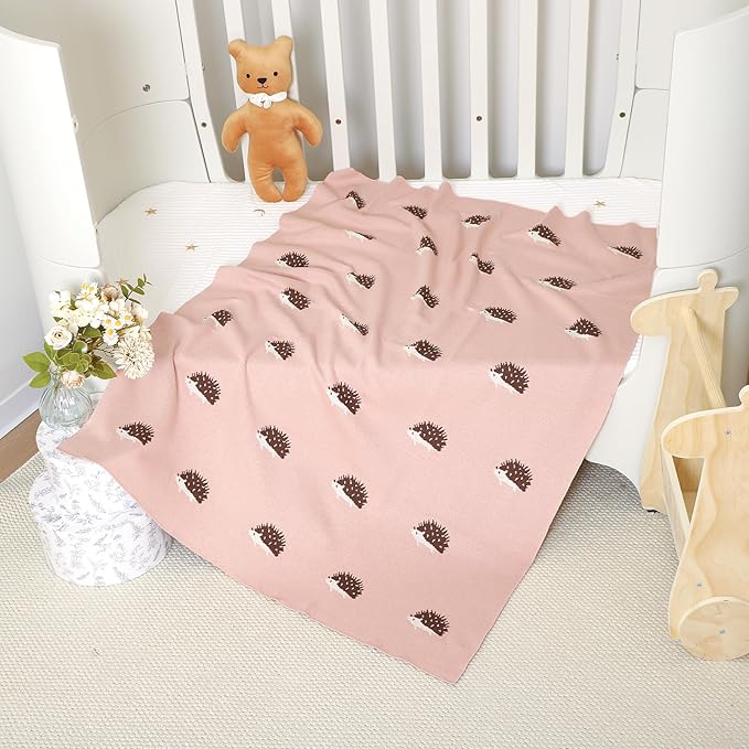 Opewod Baby Blanket 100% Cotton Baby Swaddle Blanket Knit Soft Cozy Lightweight Unisex Receiving Stroller Quilt Blanket with Cute Hedgehog 30x40 Inch Pink