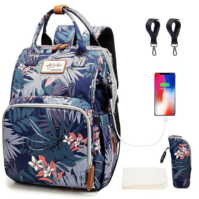 Floral Diaper Bag Backpack with USB Charging Port Stroller Straps and Insulated Pocket,Travel Nappy BackpackFor Women/Mum (Flower Pattern)