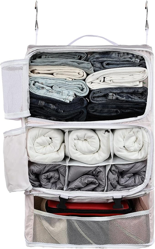 Surblue Hanging Shelves Travel Storage Bag Compression Packing Cube for Suitcase Portable Closet Organizer Collapsible with Extension Layer Large Capacity,Pink,XXL