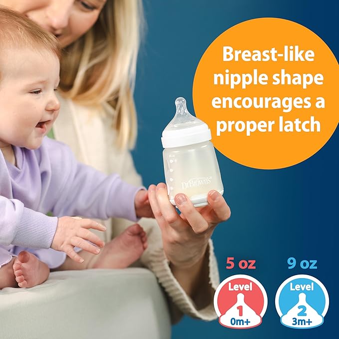 Dr. Brown's Silicone Baby Bottle with Collapsible Insert Designed to Reduce Colic, 5 oz with Wide-Neck Level 1 Slow Flow Nipple, BPA-Free, 0m+, Blue, 4-Pack