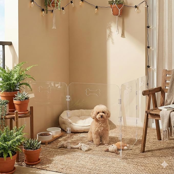 Acrylic Dog Playpen for House, Pre-Assembled Foldable Clear Gate Indoor with Handles, Free-Standing Pet Fence for Doorways for Small Dogs Puppy Cat Rabbit (4-Panel)