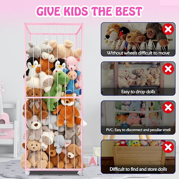 Stuffed Animal Storage, Metal Tube Extra Large Toy Storage Organizer with Brake Wheels, Stuffed Animal Holder Zoo Organizer for Nursery Playroom Kids Room Pink(61??x 23.6?�x 16.5??