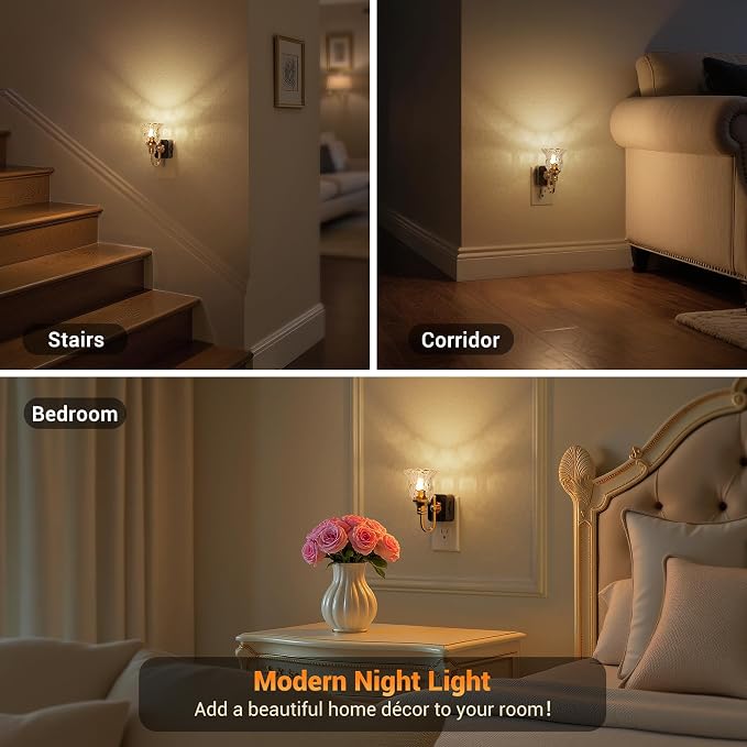 JandCase Night Light, Floral Night Lights Plug into Wall, Glass Flower LED Nightlight, 0-100 LM Dimmable Nightlights with Light Sensor, 1W Vintage Nite Light for Bathroom Hallway Gift Vanity Decor