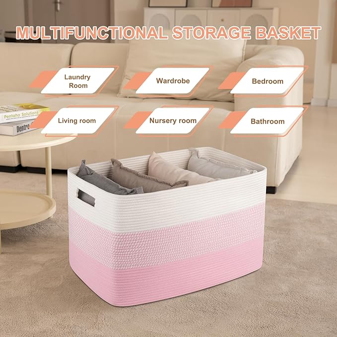 OIAHOMY 108L Super Large Blanket Basket For Living Room, 25?�x16?�x16??Rectangle Woven Baskets For Storage, Toy Storage with Handle - Pink&White