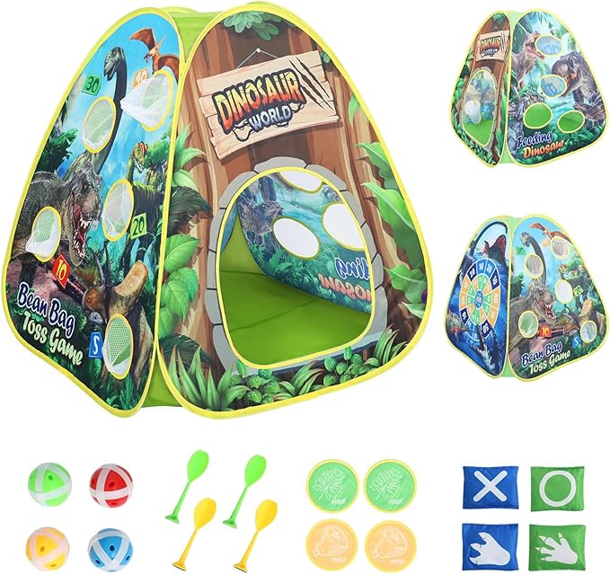 Dinosaur Kids Play Tent Indoor: Boys & Girls Playhouse Tents Indoor Outdoor - 4in1 Dinosaur Tent with-Dart Board & Bean Bag Toss Games