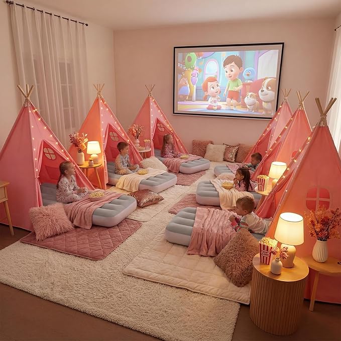 Wilwolfer Pink Sleepover Teepee Tent for Kids-2 Pack Tipi Playhouse for Kids with Lights& Flag& Inflatable Airbed -Indoor/Outdoor Foldable- Slumber Party Tent -Sleepover Party Supplies