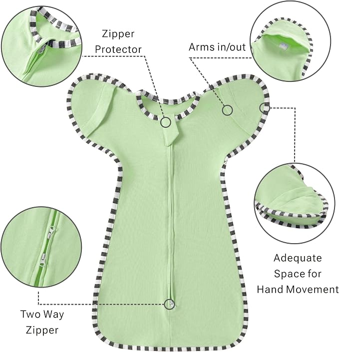 Soft Cotton Swaddle Blanket, Arms Up Baby Sleep Sack, Wearable Sleep Bag for Boys Girls (Green + Grey, M(3-6 Months))