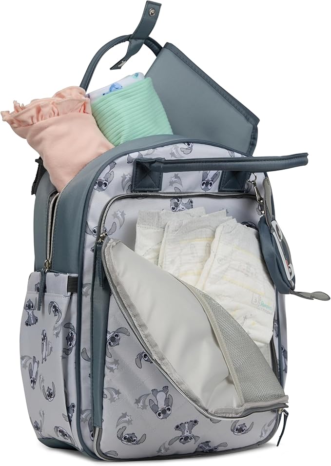Disney Diaper Bag Backpack with Changing Pad Stich ??16??Nylon Baby Bag for Parents, Insulated Bottle Holders, Multiple Storage Pockets