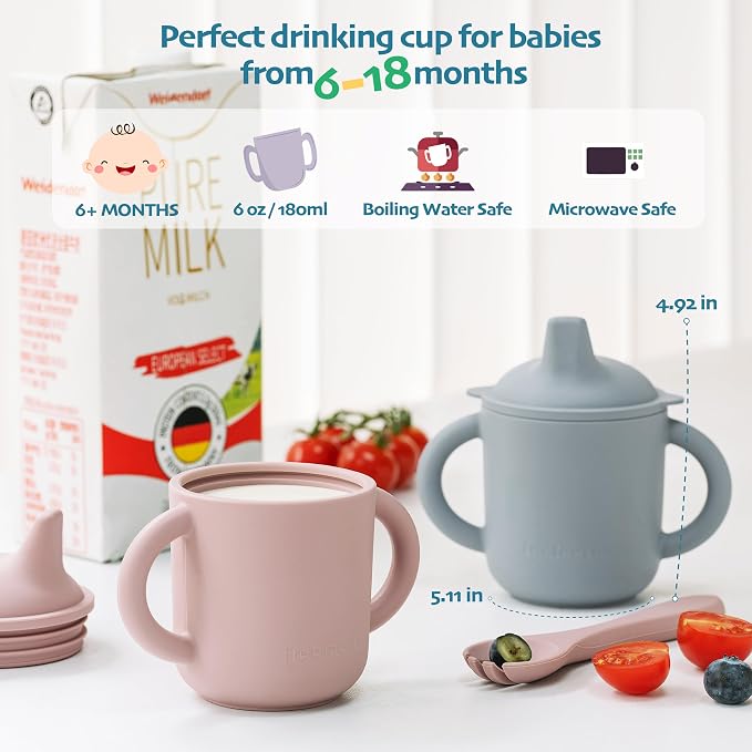 Leeleelon® Silicone Sippy Cups for Baby, 6 oz, 6+ Months, Soft Spout and 100% Leak-Proof Design, Platinum Silicone (Canyon Rose)