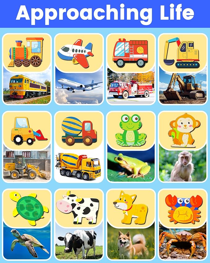 Benresive Wooden Toddler Puzzles for Boys Girls Age 1 2 3, 12 Pack Montessori Vehicle Animal Toys, Educational Preschool Learning Toys, Great Birthday Gifts for Toddlers