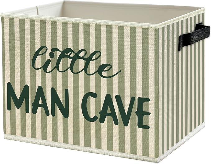 Little Man Cave Boys Storage Bins Box with Handles, Green Stripe Boho Collapsible Basket Organizer for Kids Boys Playroom Nursery Room Bedroom Bathroom Toys Books Clothes