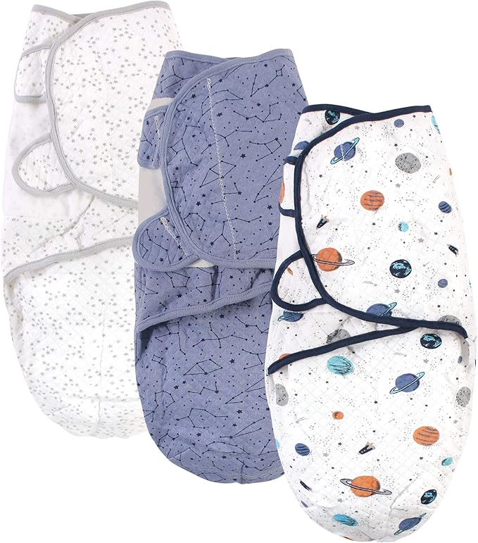 Hudson Baby Unisex Baby Quilted Cotton Swaddle Wrap 3pk, Space, 0-3 Months