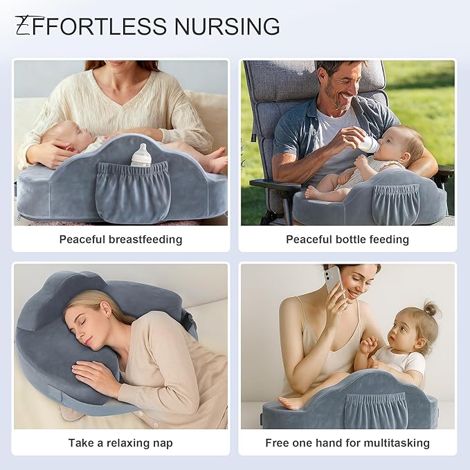 Jaxmoon Nursing Pillows for Breastfeeding, Soft Memory Foam Breastfeeding Pillow, Baby Feeding Pillow for New Mom, Lactation Pillow with Adjustable Waist Strap, Storage Pocket, Removable Cover, Grey
