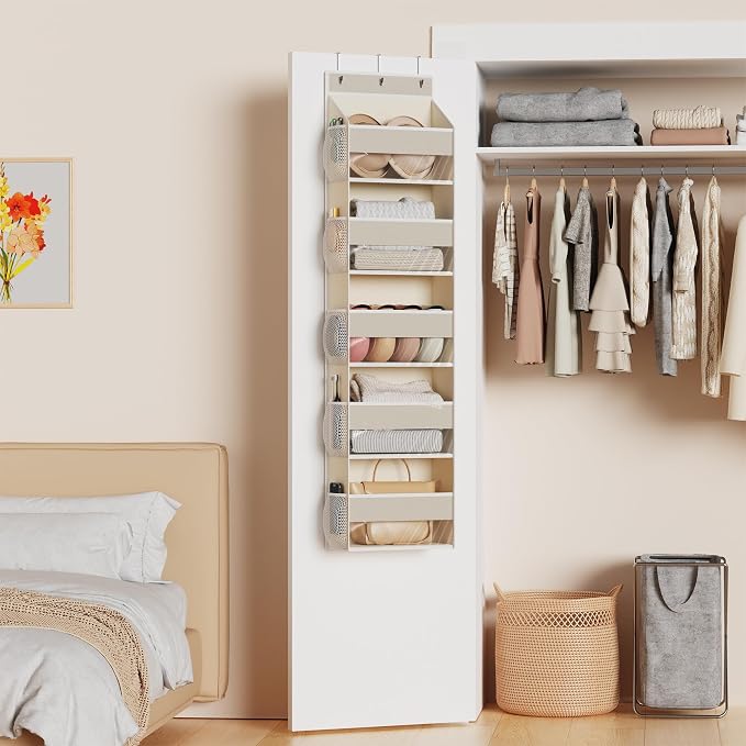 MAX Houser 5-Shelf Over The Door Hanging Organizer with 3 Metal Hooks, 5 Pocket Swing-Proof Behind Door Organizers with Clear Windows for Nursery Bathroom Closet,Dorm,Baby Diapers (Beige)