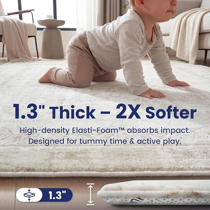 Huloo Sleep Baby Play Mat for Floor - 79x118 Inches 1.3" Thick Elasti-Foam Playpen Mat for Toddlers Infant Kids, Water-Repellent Nursery Rug, Non-Slip Backing for Crawling & Tummy Time, Vintage Beige