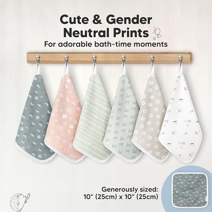 6-Pack Cotton Baby Washcloths for Newborn - Organic Cotton Muslin Soft Wash Cloths for Babies, Infant, Kids, Toddler Towels for Boy, Girl, Super Absorbent Face Cloths, Scratch-Free Baby Rags (Fleur)