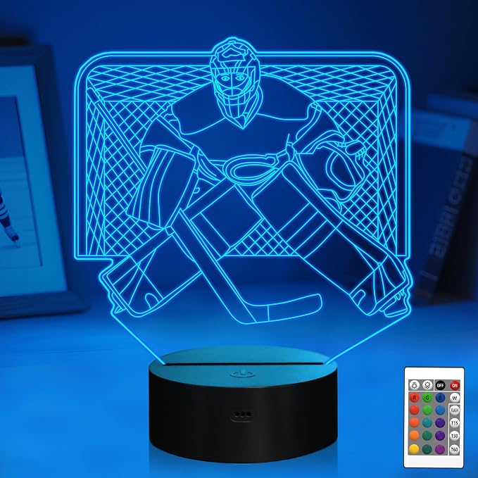 Attivolife Ice Hockey Goalie 3D Night Light, Hockey Illusion Lamp with 16 Color Changing + Remote Control + Timer, LED Desk Room Decor Cool Birthday Christmas Gifts for Kids Boys Men Sports Fan