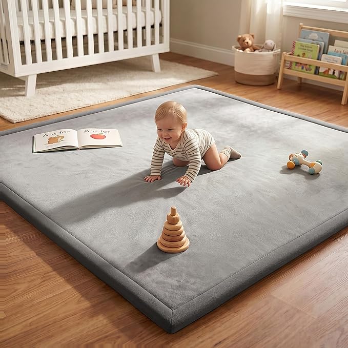 AEOCOO Baby Play Mat for Floor Cushion, 59x71x1.3 Thick Memory Foam Tummy Time Mat, CloudSoft Velvet Non Slip, Toddlers Baby Kids Extra Large Nursery Rug for Crawling, Living Room, Tatami Style, Grey