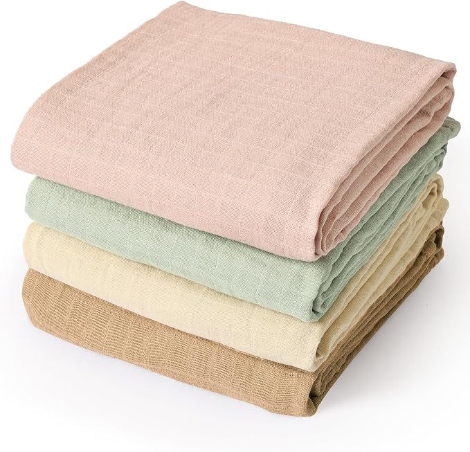 david's kids 4 Pack Baby Muslin Swaddle Blankets 47" x 47", 100% Cotton Swaddle Wrap for Boys Girls, Ultra Soft Breathable Receiving Blanket for Newborns, Rose Smoke & Sage Green & White Cap & Sepia