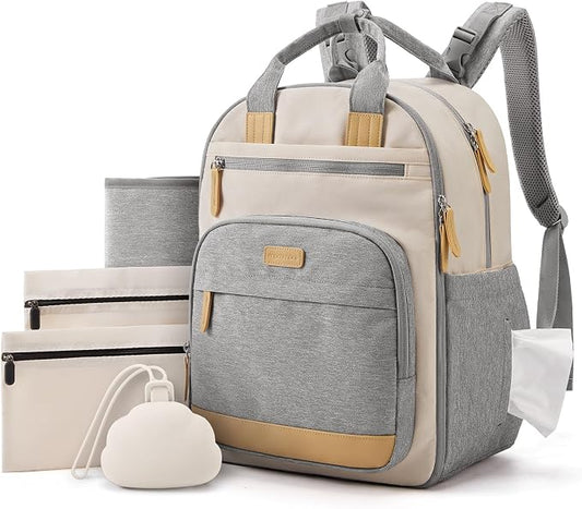 mommore Diaper Bag Backpack with Waterproof Changing Pad, Insulated Bottle Holders & Pacifier Case, Baby Diaper Bag with 2 Organizer Pouches, Stroller Straps, Gray White