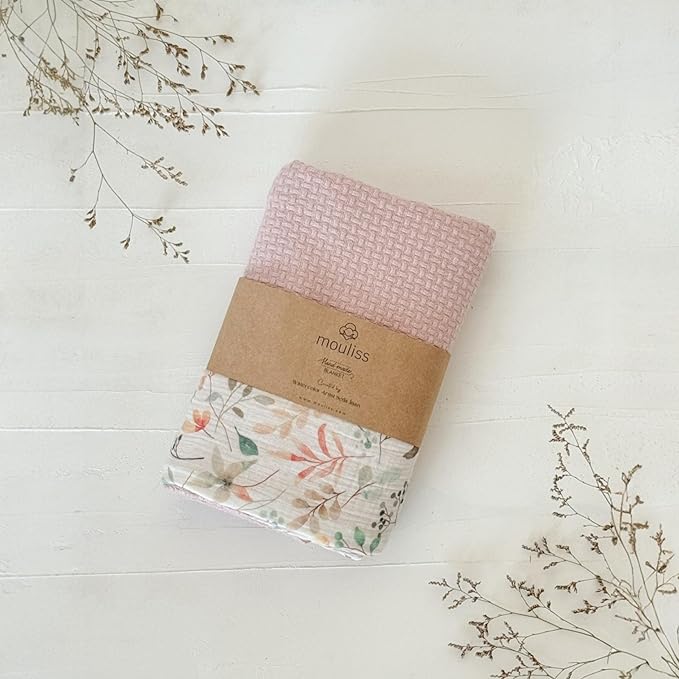 Mouliss Personalized Baby Blanket with Name ??Handmade 100% Organic Cotton Newborn Gift | Custom Knit Blanket for Boys, Girls, Kids & Baby Showers (Petal Pink/Petal Whispers)
