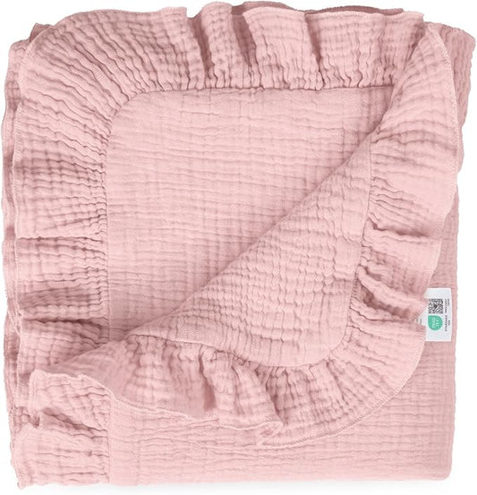 lulumoon Ruffle Baby Blanket for Girls: Soft Muslin Cotton Newborn Photo Backdrop - Lightweight Crib Blanket for Nursery Decor & Baby Registry Gift 40"x36"(Pink)
