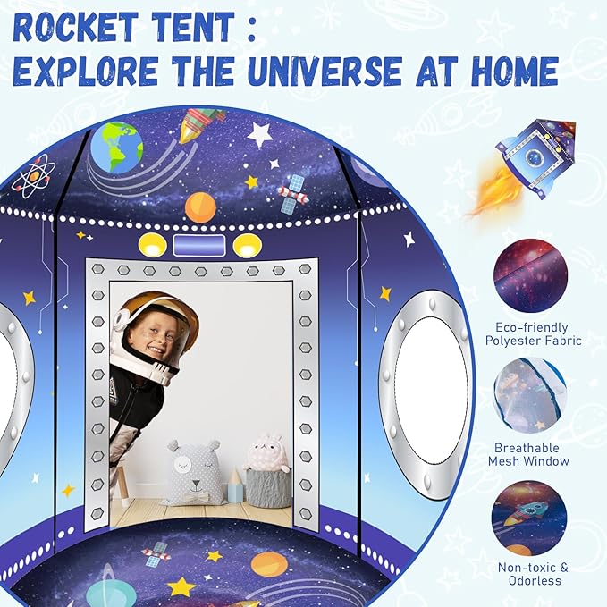 3 in 1 Rocket Ship Play Tent with Tunnel Ball Pit for Kids Space Themed Pop Up Playhouse Indoor Outdoor Astronaut Tent Set Toy Gift for Boys Girls Toddler Baby Child Games Birthday Party