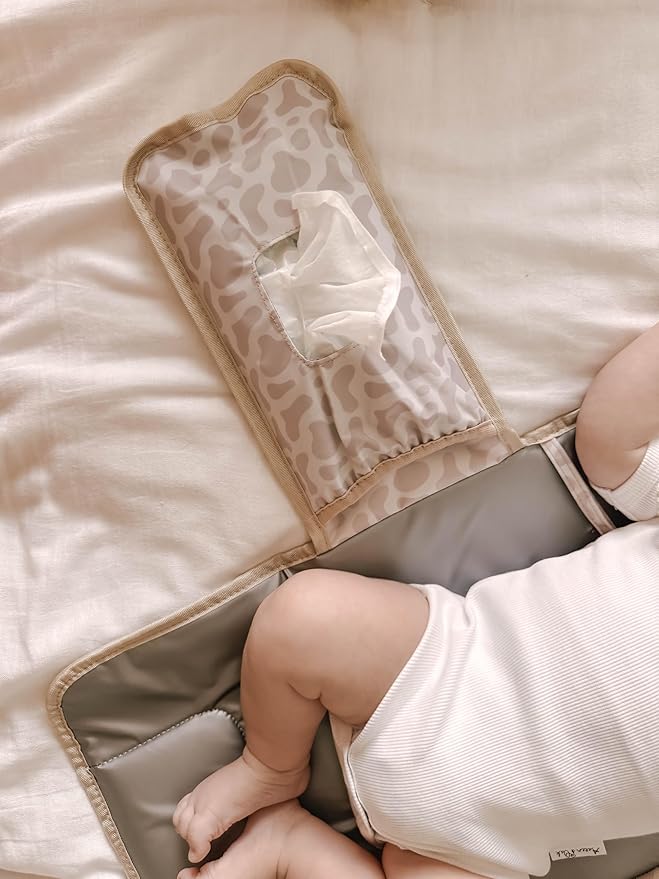 Love By Emi Portable Diaper Changing Pad, A Waterproof Travel Station and Foldable Clutch with Storage Pockets, an On-The-Go Baby Essential for Newborns and Toddlers with Cute Animals Pattern (Brown)