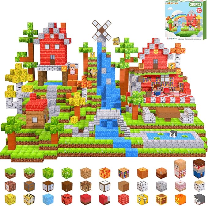 LionFuny 200PCS Magnetic Blocks,Magnetic Building Blocks Stacking Toys,Magnet Toys Building World Set, STEM Sensory Christmas Birthday Gift for Toddlers Boys Kids Age 3 4 5 6 7 8,Upgrade 1" Large Size