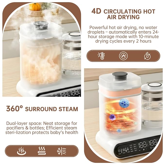 Baby Bottle Warmer, Steamer & Dryer, 16-in-1 Fast Milk Warmer with Timer for Breastmilk & Formula, 1.2L Electric Kettle with Accurate Temp Control, Thaw, Steri-lizing, Keep Warm, Heat Food