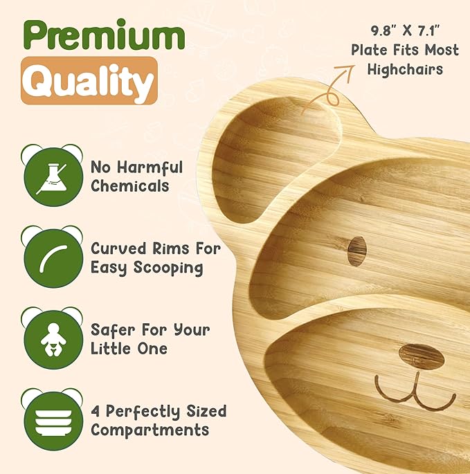 Bamboo Plates for Kids - Baby & Toddler Plates with Suction for Feeding & Weaning, Eco-Friendly Bear Design Promotes Self-Feeding, Ideal for Busy Moms & Dads, Sturdy & BPA-Free (Pink)