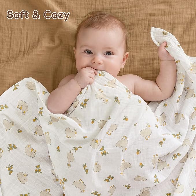 david's kids 4 Pack Baby Muslin Swaddle Blankets, 100% Cotton and Ultra Soft Breathable Receiving Blanket Wrap for Boys Girls, New Born Essentials, Large 47 x 47 inches, Farm & Duck