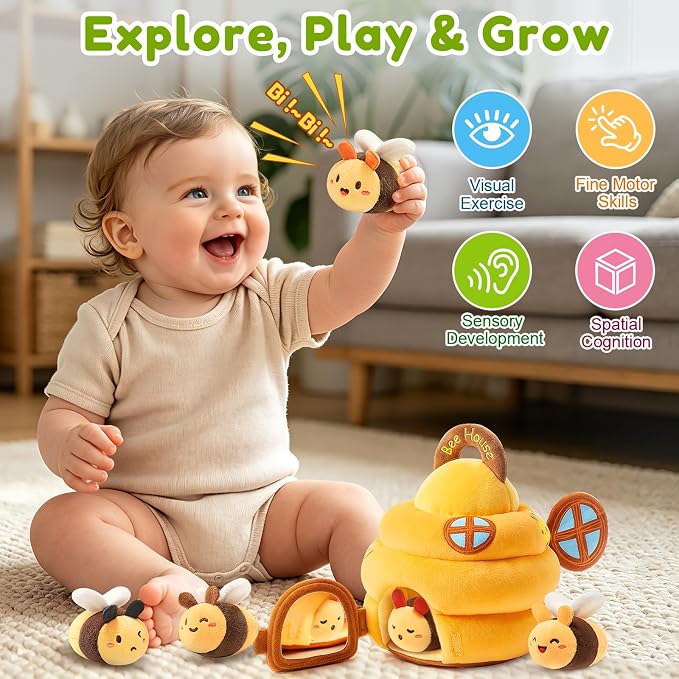 Baby Sensory Toys 0-6 6-12 Months, Soft Beehive Toy with 5 Plush Bees, Rattle Crinkle Squeaker Mirror, Music, Montessori Toys for Toddlers 1-3 Year Old Boys Girls Birthday Gifts