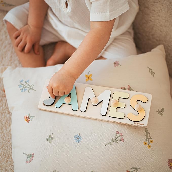 Personalized Name Puzzle Montessori Toys Nursery Decor Customized Puzzle Educational Toy for a 1 Year Old Gifts Kids Name Sign for Nursery Easter Present for Baby (Pastel Boy)